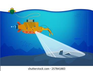 Autonomous Underwater Vehicle Or AUV Exploring The Depths Of The Ocean Floor. Vector Eps10 Illustration.