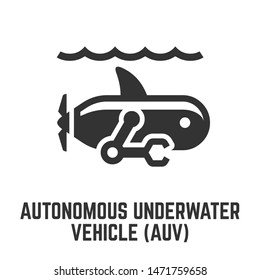 Autonomous underwater vehicle icon with AUV sea glider robor that travels undersea or research submersible glyph symbol.