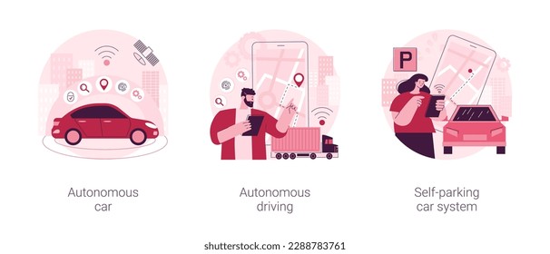 Autonomous vehicle abstract concept vector illustration set. Autonomous car driving, self-parking car system, test-drive, future transport system, smart technology, robotic vehicle abstract metaphor.