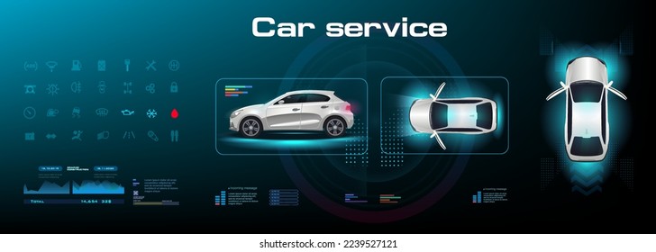 Autonomous vehicle control system. Car with parameters and characteristics on holographic digital panel. Navigation bar with vehicle network settings