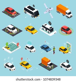 Autonomous vehicle isometric icons set of driverless robotic car bus train truck taxi controlled by satellite navigation vector illustration 