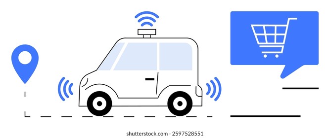 Autonomous vehicle on route, signaling with location pin and wireless icons. Shopping cart icon implies e-commerce. Ideal for tech innovation, online marketplace, logistics, smart cities, autonomous