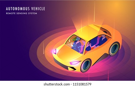 Autonomous Vehicle Remote Sensing System concept, Isometric illustration with smart car between digital rays for futuristic technology based web template design.