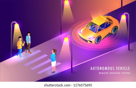 Autonomous Vehicle, Remote Sensing System based web template design with illustration of Smart Car on urban landscape background.