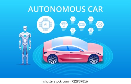 Autonomous Vehicle With Robot And Infographic Icons