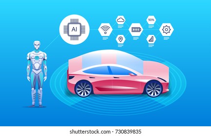 Autonomous Vehicle With Robot And Infographic Icons