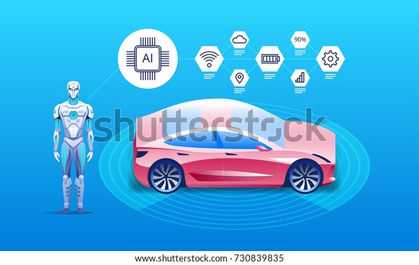 Autonomous\
vehicle with robot and infographic\
icons