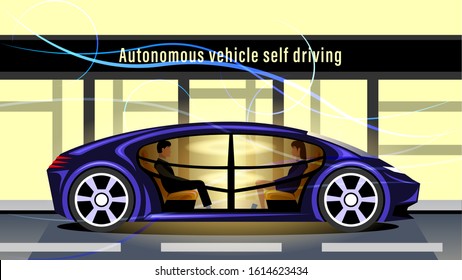 Autonomous Vehicle Self Driving Against The Background Of A City Street, Glass Case. Driverless Smart Luxury Passenger Car, Side View. Future Concept Vector Illustration Stock.