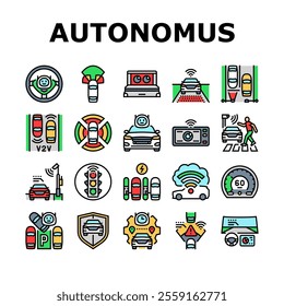 autonomous vehicle self driving icons set vector. ai sensors, lidar radar, gps navigation, safety innovation, technology mobility autonomous vehicle self driving color line illustrations