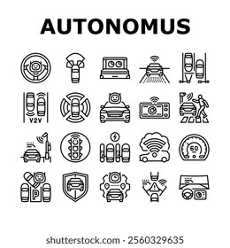 autonomous vehicle self driving icons set vector. ai sensors, lidar radar, gps navigation, safety innovation, technology mobility autonomous vehicle self driving black contour illustrations