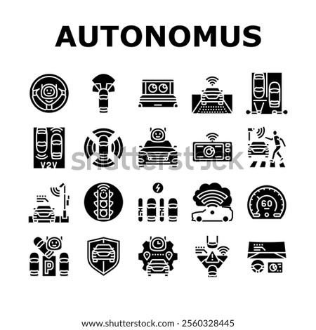 autonomous vehicle self driving icons set vector. ai sensors, lidar radar, gps navigation, safety innovation, technology mobility autonomous vehicle self driving glyph pictogram Illustrations