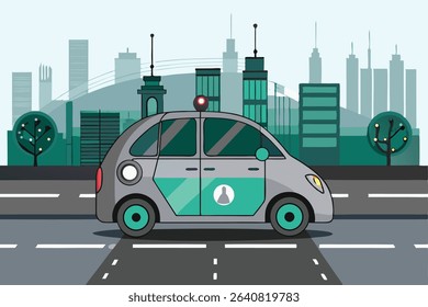 Autonomous Vehicle with Teal Accents and Cityscape Backdrop Illustration