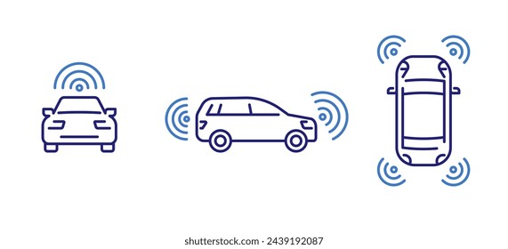 Autonomous vehicle views icon set with perception symbols, vector illustration for self-driving automated technology, sensor integration, and futuristic automotive design concept