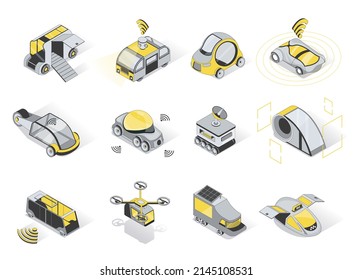 Autonomous vehicles 3d isometric icons set. Pack elements of driverless car, bus and truck, flying drone, taxi service, smart transport of different type. Vector illustration in modern isometry design