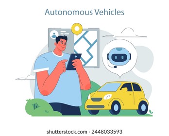 Autonomous Vehicles concept. Man using tablet to interact with self-driving car. Integration of AI in transportation. Urban tech lifestyle.