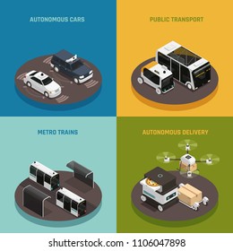 Autonomous vehicles isometric design concept, driverless cars, public transport, metro trains, robotic delivery systems isolated vector illustration