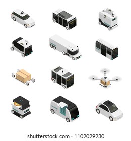 Autonomous Vehicles Isometric Icons, Driverless Bus, Taxi And Truck, Robotic Delivery Systems, Isolated Vector Illustration