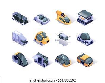 Autonomous Vehicles Isometric Icons Set. Futuristic Self-driving Car, Taxi Cab, Bus, Fly Copter And Truck. Artificial Intelligence And Smart Technology In Transportation System 3d Vector Isometry.