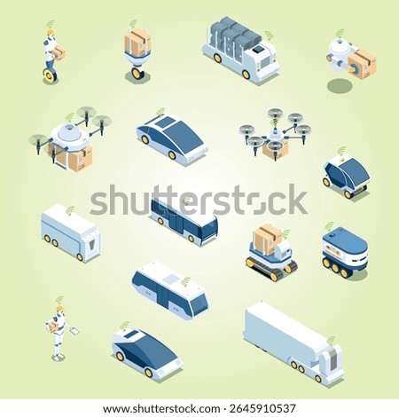 Autonomous vehicles and robots isometric scheme artificial intelligence animation control manufacturing traffic artificial self driving 3d radar city conveyor modern highway
