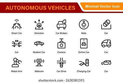 Autonomous Vehicles Self-Driving Car Icons – Minimal Line Vector Illustrations for Smart Transportation, Electric Cars, Future Mobility.