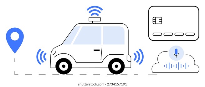Autonomous vehicles, smart technology, GPS navigation, cashless payment, voice control, cloud connection. A self-driving car with GPS pin, credit card and voice command icon. Autonomous vehicles