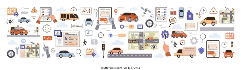 Vehículos autónomos, gestión del tráfico, mantenimiento predictivo. Autos, autobuses. Ideal para tecnología de vehículos inteligentes, conectividad digital, automatización, innovación, integración de análisis de datos de IA