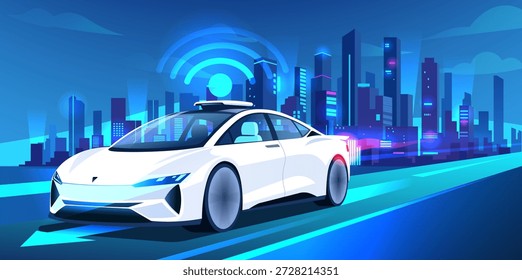 Autônomo carro branco dirigindo em uma cidade inteligente digital à noite, estilo de cor gradiente de néon, fundo urbano futurista, conceito de inovação. Ilustração vetorial