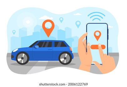 Autonomous wireless parking concept. The hand holds the phone and searches for the location of your car using the app. Cartoon flat vector illustration isolated on a white background