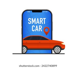 Autonomous wireless parking with remote connection to a car sharing service controlled via a smartphone app. Phone with location mark and modern automobile data monitoring parking. Vector illustration