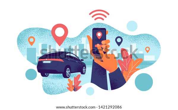 Autonomous wireless remote connected car
sharing service controlled via smartphone app. Hands holding phone
with location mark of smart electric car in modern city skyline.
Grain style
illustration.