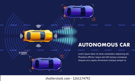 Autonomus Car Vector Illustration. Future Smart Sensing System With Wifi Communication Between Vehicles With GPS Assist And Safety Guard. Highway Road Top View. Mobility Intelligent Monitor.