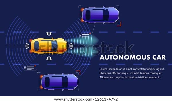 Autonomus Car Vector Illustration. Future Smart\
Sensing System with Wifi Communication between Vehicles with GPS\
Assist and Safety Guard. Highway Road Top View. Mobility\
Intelligent Monitor.
