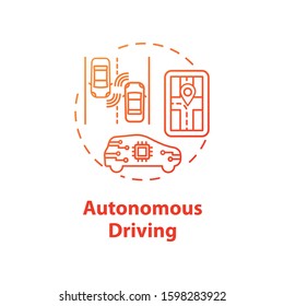Autonomus driving concept icon. Smart car. Unmanned vehicles idea thin line illustration. Driverless automobile. Artificial Intelligence. Vector isolated outline drawing. Editable stroke