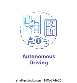 Autonomus driving concept icon. Smart car. Unmanned vehicles idea thin line illustration. Driverless automobile. Artificial Intelligence. Vector isolated outline drawing. Editable stroke