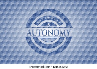 Autonomy blue badge with geometric background.