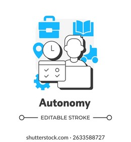 Ícone de conceito de estrutura de tópicos simples de autonomia. Equilíbrio da vida profissional. Tomada de decisões. Liberdade de escolha. Trabalhe remotamente. Gerenciamento automático. Ilustração de linha moderna com glifos azuis. Visual conceitual. Fácil de editar