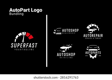 Autopart Car Logo Set with Speedometer Indicator Tachometer and Vintage Automotive Garage Mechanical Repair Concept Bundle