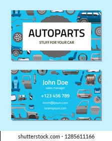 Autoparts business card template. Stuff for your car. Car service card vector illustration. Car details, repair, gear brake, seat, windshield, wheel, bumper, door, engine component.