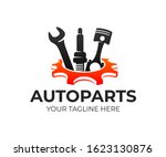 Autoparts in gear, auto piston, spark plug and wrench, logo design. Automotive parts, automobile detail and repairing car, vector design and illustration