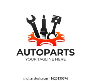 Autoparts in gear, auto piston, spark plug and wrench, logo design. Automotive parts, automobile detail and repairing car, vector design and illustration