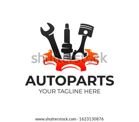 Autoparts in gear, auto piston, spark plug and wrench, logo design. Automotive parts, automobile detail and repairing car, vector design and illustration