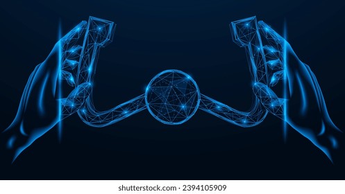 Autopilot, las manos con el volante de la aeronave. Diseño poligonal de líneas y puntos interconectados. Fondo azul.