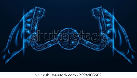 Autopilot, hands holding the steering wheel of the aircraft. Polygonal design of interconnected lines and points. Blue background.