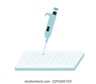 The autopipette or micropipette was dropping the analytical substance into the wells of 96-well plate for laboratories analytical or medical testing.