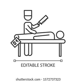 Autopsy linear icon. Disambiguation. Corpse with tag. Body in morgue. Death cause. Medical forensic procedure. Thin line illustration. Contour symbol. Vector isolated outline drawing. Editable stroke