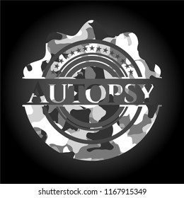 Autopsy written on a camo texture grey camo emblem