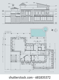 Autor's architectural Villa project on the Mediterranean coast in Turkey.With terraces, pool and garden on the roof, plan, facade, blueprint. Vector.