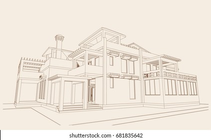 Autor's architectural Villa project on the Mediterranean coast in Turkey.With terraces, pool and garden on the roof,3d, perspective, blueprint. Vector.