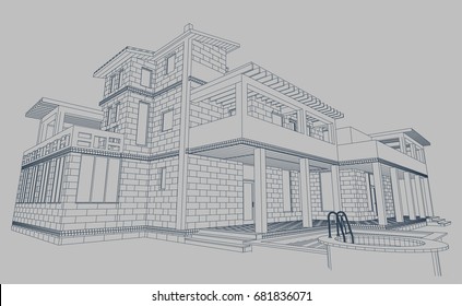 Autor's architectural Villa project on the Mediterranean coast in Turkey.With terraces, pool and garden on the roof,3d, perspective, blueprint. Vector.