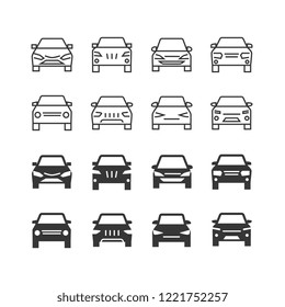 Autos front view line and silhouette vector icons